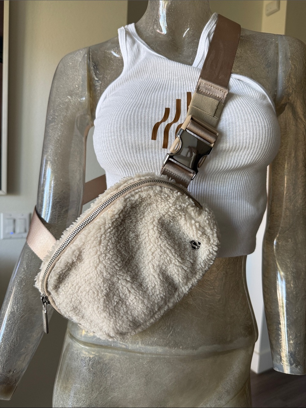 lululemon Cream Sherpa Crossbody Bag with Tan Strap